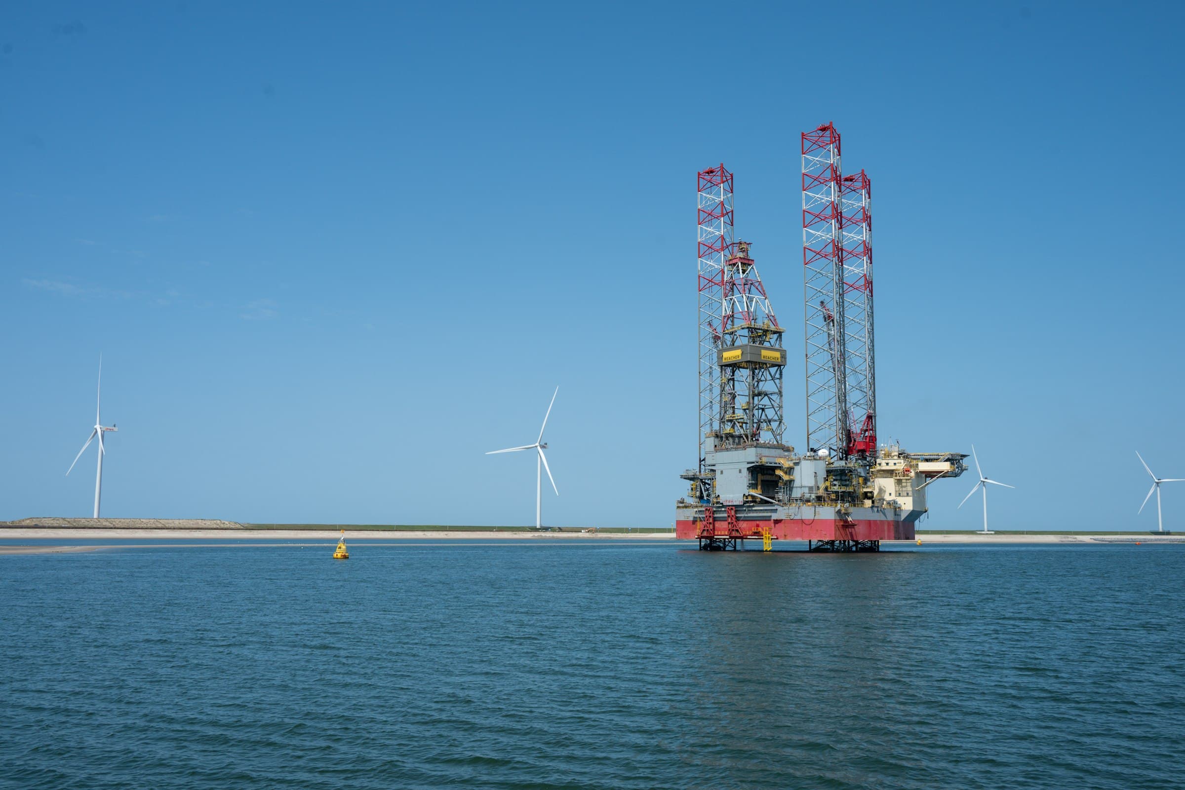 Offshore construction vessel and wind turbines at sea